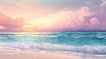Naklejka premium Serene Ocean Sunset with Soft Pastel Colors and Gentle Waves on Shore