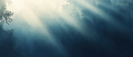 Serene Forest with Morning Sunlight Streaming Through Foggy Atmosphere