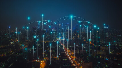 Smart digital city with connection cyber security network reciprocity over the cityscape . future smart wireless digital city and social media networking systems that connects people within the city