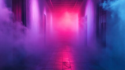 Fototapeta premium Neon-Lit Cyberpunk Alley, a shadowy urban passage filled with vibrant neon hues and swirling mist, evoking a futuristic atmosphere