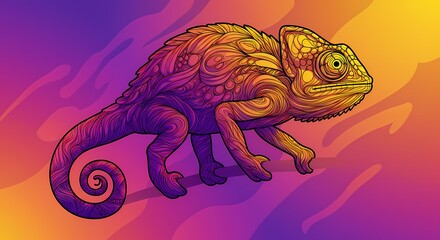 Obraz premium Abstract Line Art of a Lizard Chameleon Animal, Modern Art, Messy Colorful Design