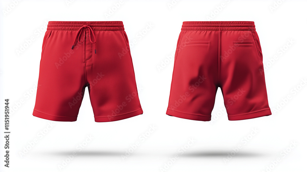 Sticker Red casual shorts mockup front and back view isolated on white background for brand presentation

