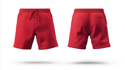 Red casual shorts mockup front and back view isolated on white background for brand presentation

