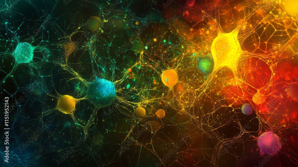 Poster a vibrant abstract representation of interconnected cells and neurons, showcasing colorful orbs agai