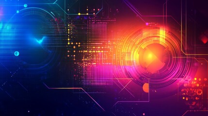 Obraz premium A vibrant, abstract design featuring colorful lights and geometric shapes, evoking themes of technology and digital innovation.