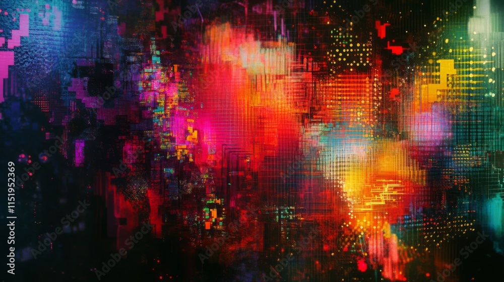 Aufkleber A vibrant, abstract image featuring a blend of colors and digital patterns, evoking a sense of energy and movement.