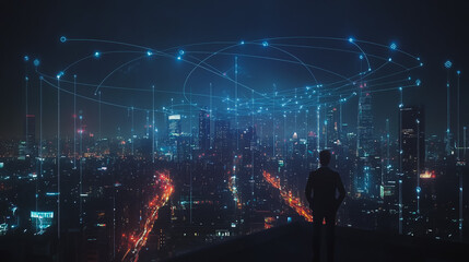 Smart digital city with connection cyber security network reciprocity over the cityscape . future smart wireless digital city and social media networking systems that connects people within the city