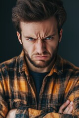 Fototapeta premium A young man with a serious expression, wearing a plaid shirt, crossing his arms. He has tousled hair and striking blue eyes, set against a dark background. 