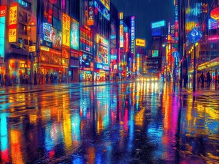 Vibrant Neon Cityscape with Rain-soaked Streets at Night