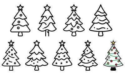 Minimalist Christmas Tree Icon Set, A collection of nine minimalist Christmas tree icons, featuring outlines and one decorated tree, perfect for holiday, festive, and winter themes.
