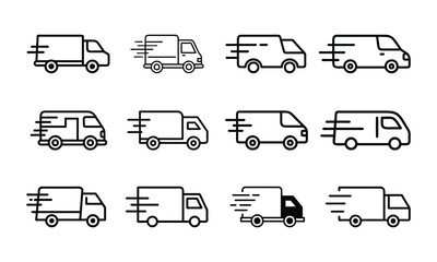 Minimalist Delivery Truck Icon Set, A collection of twelve delivery truck icons in minimalist line art style, symbolizing fast shipping, logistics, transportation, and delivery services.
