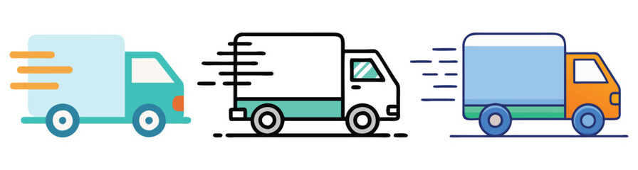 Delivery Truck Icons in Motion, A set of three delivery truck icons with motion lines, symbolizing fast shipping, logistics, transportation, and express delivery services.  © PixelArtBox