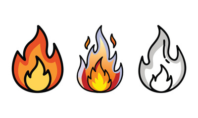Set of Flame Icons in Vibrant Styles, A collection of three flame icons in colorful and outlined styles, symbolizing fire, energy, heat, passion, and intensity for design concepts.

