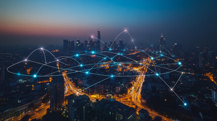 Fototapeta premium Smart digital city with connection cyber security network reciprocity over the cityscape . future smart wireless digital city and social media networking systems that connects people within the city