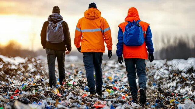 Environmental Cleanup Efforts by Three Volunteers in Orange and Black Attire