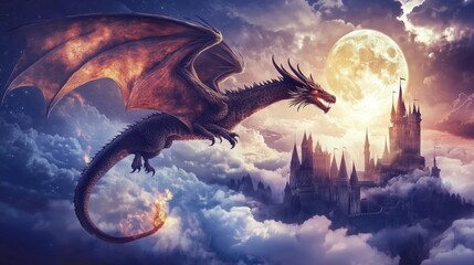 A majestic dragon soaring through the dramaic clouds over a fantasy kingdom, with castles, enchanted forests, and a glowing moon in the background
