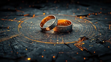 Cosmic wedding celebration rings amidst stars celestial atmosphere digital art enchanting viewpoint universal love theme