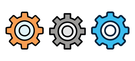 Colorful Gear Icons Set, A set of three colorful gear icons, symbolizing mechanics, engineering, technology, innovation, and system processes in vibrant styles.
