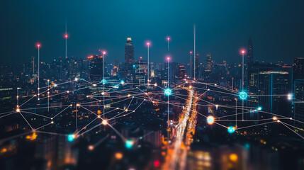 Smart digital city with connection cyber security network reciprocity over the cityscape . future smart wireless digital city and social media networking systems that connects people within the city