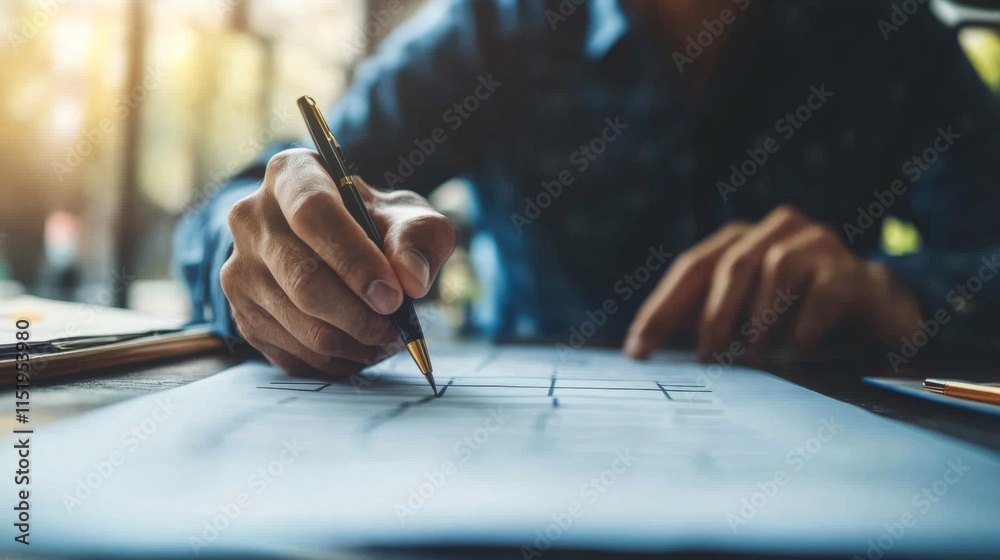 Poster a close-up of a person drawing or writing on paper, highlighting creativity and design in an inspiri