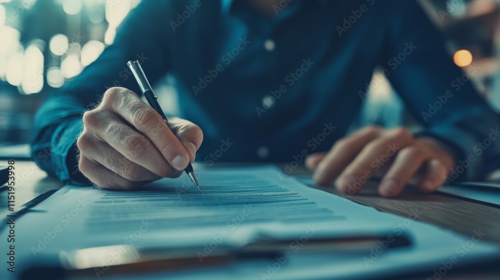 Poster A person writes on a document with a pen, showcasing focus and productivity in a professional setting.