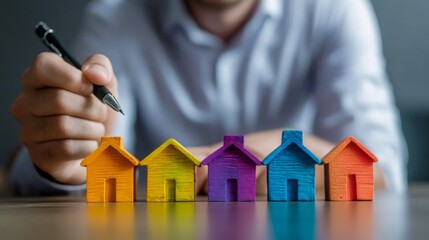 A person is holding a pen, preparing to make notes beside colorful miniature houses on a table, suggesting themes of real estate, investment, or planning.