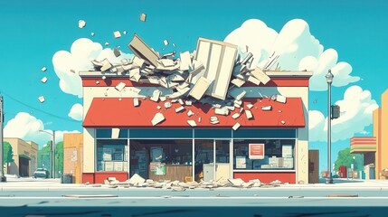 Fototapeta premium Small Business Burden, a digital portrayal of a shop overwhelmed by debt, symbolized by a massive weight pressing down on its structure.