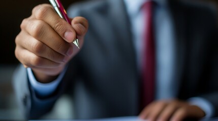 A professional hand holds a pen poised over paper, suggesting action, decision-making, or signing important documents in a business context.