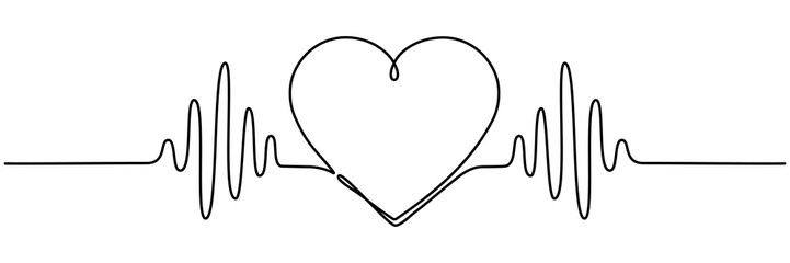 Heartbeat cardiogram continuous line drawing. Heart pulse and rhythm symbol. Healthcare concept. Vector illustration isolated on white.