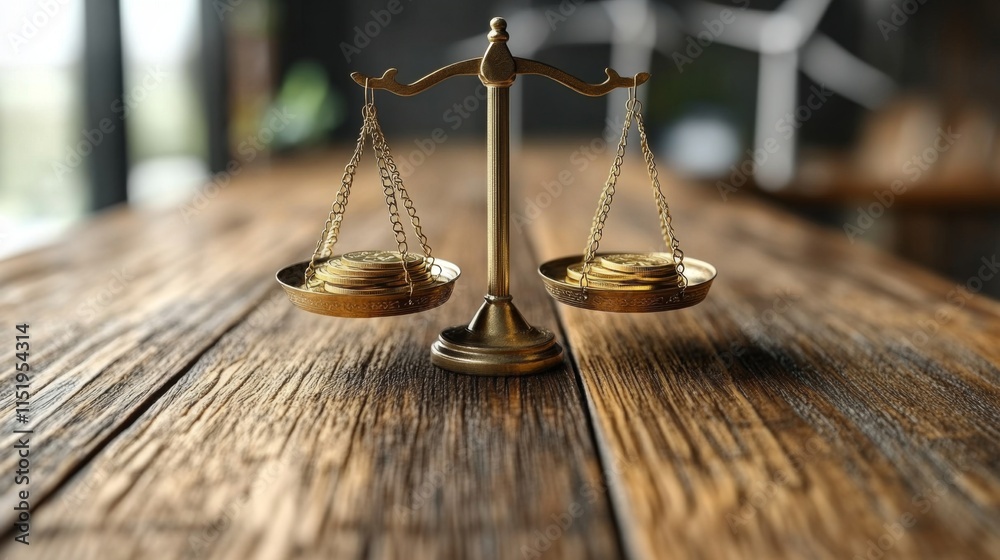 Poster a vintage scale with gold weights sits elegantly on a rustic wooden table. soft natural light enters