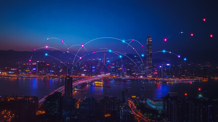 Smart digital city with connection cyber security network reciprocity over the cityscape . future smart wireless digital city and social media networking systems that connects people within the city