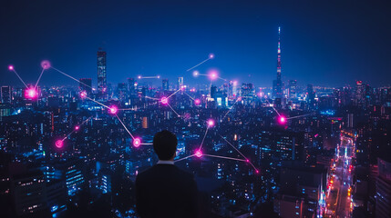 Obraz premium Smart digital city with connection cyber security network reciprocity over the cityscape . future smart wireless digital city and social media networking systems that connects people within the city