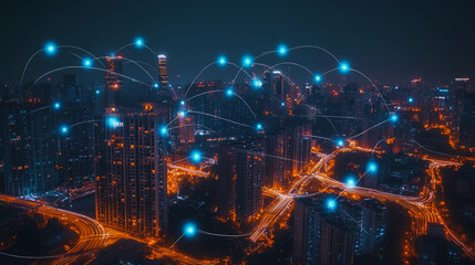 Obraz premium Smart digital city with connection cyber security network reciprocity over the cityscape . future smart wireless digital city and social media networking systems that connects people within the city