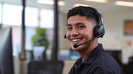 Man smiling call center environment wearing headset handsfree call setup engaged customer service positive interaction confident communication professional yet friendly showcasing excellent phone