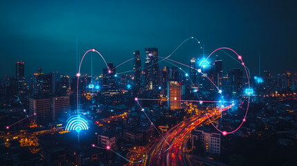 Obraz premium Smart digital city with connection cyber security network reciprocity over the cityscape . future smart wireless digital city and social media networking systems that connects people within the city