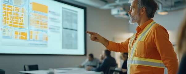 A construction manager presenting project plans in a modern conference room. The focus is on the detailed maps displayed on the screen, showcasing collaborative teamwork in action.