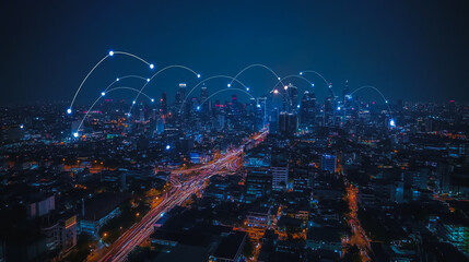 Fototapeta premium Smart digital city with connection cyber security network reciprocity over the cityscape . future smart wireless digital city and social media networking systems that connects people within the city