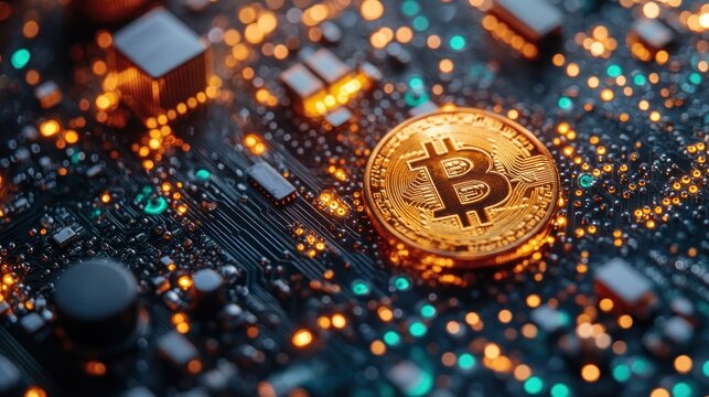 Golden bitcoin coin on illuminated circuit board.