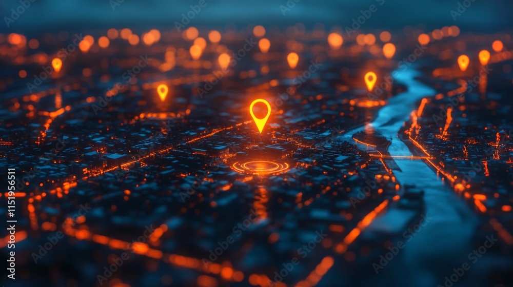 Poster an aerial view of a city at night showcases a network of glowing location markers scattered througho