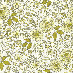 Beautiful Hand drawn Green Roses and Wild Flowers Chintz Pattern
