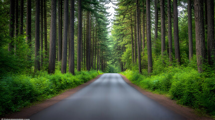 Obraz premium Quiet forest road in Portland Oregon surrounded by tall pine trees and lush green foliage