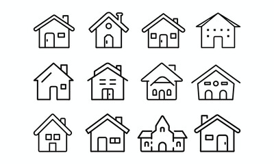 Set of Minimalist House Line Icons, A collection of twelve simple house icons in line art style, representing various home designs and architectural layouts.
