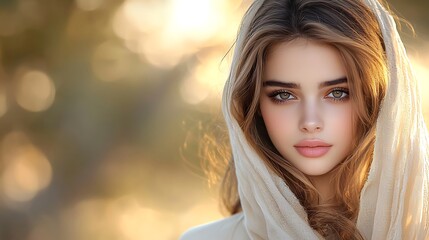 Obraz premium A young woman with striking Middle Eastern features, rectangular wide face, and light skin, her long auburn hair cascading over her shoulders, dressed in a classic white long-sleeved robe, standing 