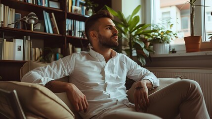 Obraz premium Thoughtful man relaxing in a cozy living room surrounded by plants