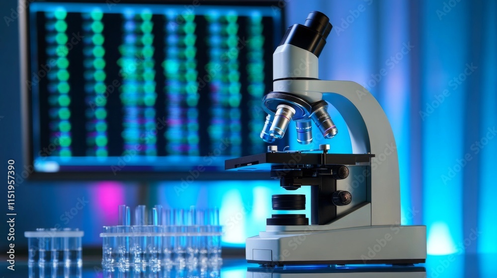 Poster A microscope is positioned on a lab table, surrounded by sample containers. In the background, a computer screen displays colorful data related to biological research.