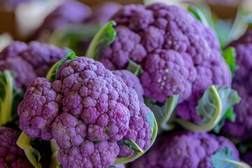 Close up of purple cauliflower heads, highlighting their unique color, texture, and fresh green leaves