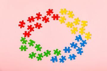 Autism puzzle.Autism awareness day. Colorful bright puzzles.Puzzle. 2 April world autism awareness day background. Top view. Space for text.Copy space.Design element.Care Awareness campaign for Autism