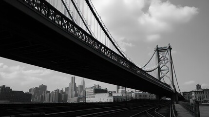 A black-and-white view of a bridge with city skyline in the background.