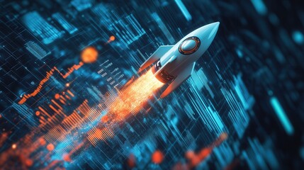Futuristic Rocket Launch with Business Data and Digital Tools, representing innovation and growth in modern business ventures.