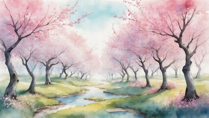 Cherry blossom orchard with a gentle stream in spring